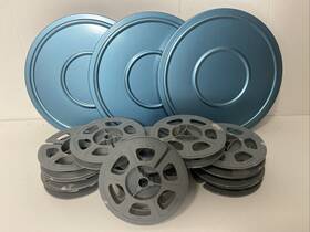 840-6 Logan Roll Lot Of 3 Vintage Metal 8mm 400ft Film Reels And Canisters Blue. Good