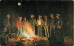 Under Light Of Western Moon Postcard Cowboys Gather Around Campfire. Fixed Price $19.99.