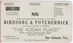Rare Adv Trade Card- Kodak Place- Cameras Velox Birdsong Co- San Antonio Tx 1908. Fixed Price $99.00.