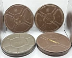 4 Vintage Compco Goldberg Film Reel Canisters 7" Empty Movie Theatre Room Decor. Fixed Price $18.00.