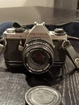 Pentax Super Slr Camera Silver Black W/ 50MM, 70-210MM Lenses, Flash. Fixed Price $110.00.